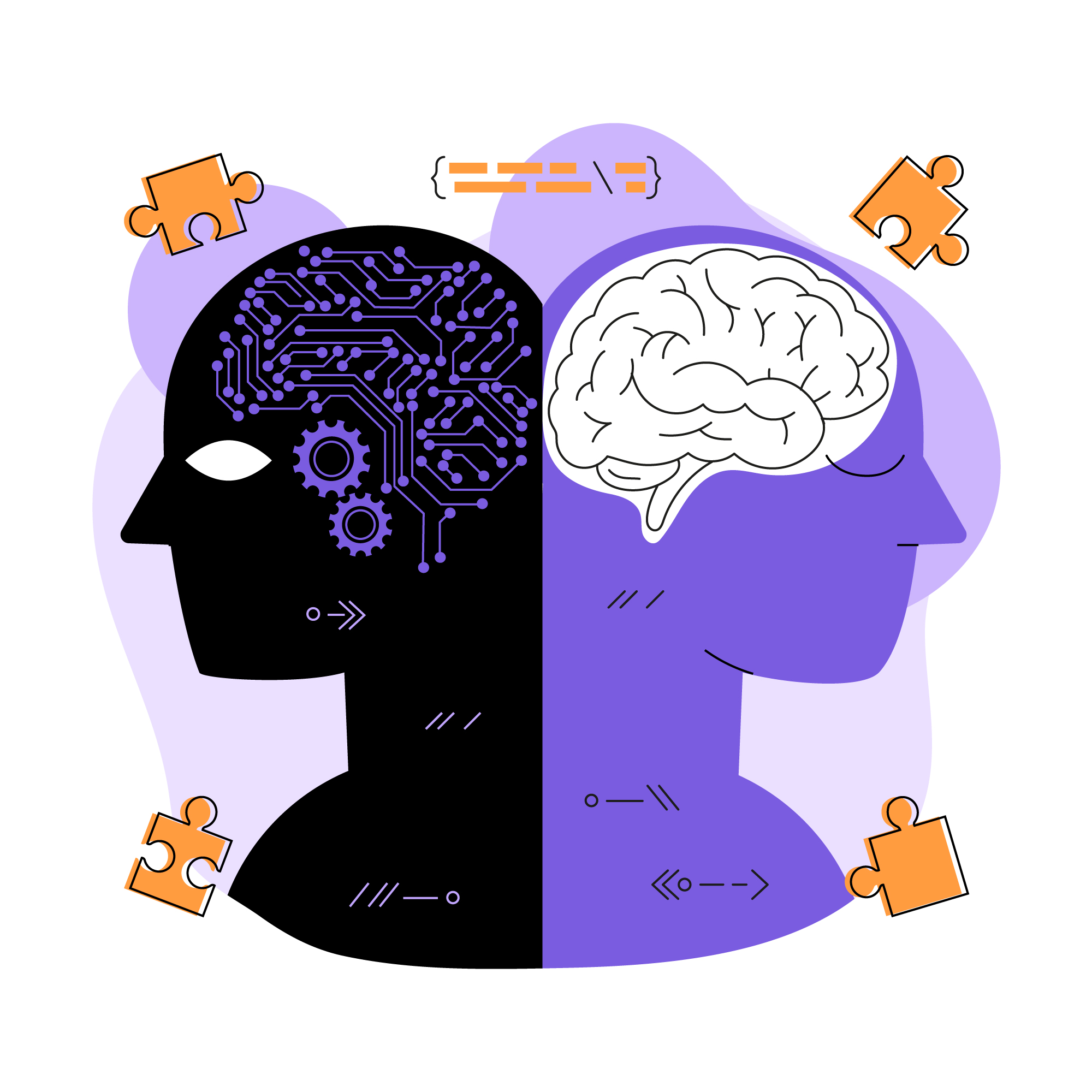 Vector image of 2 brains, back-to-back in shades of purple and black on a white background with orange pieces of puzzles floating around.